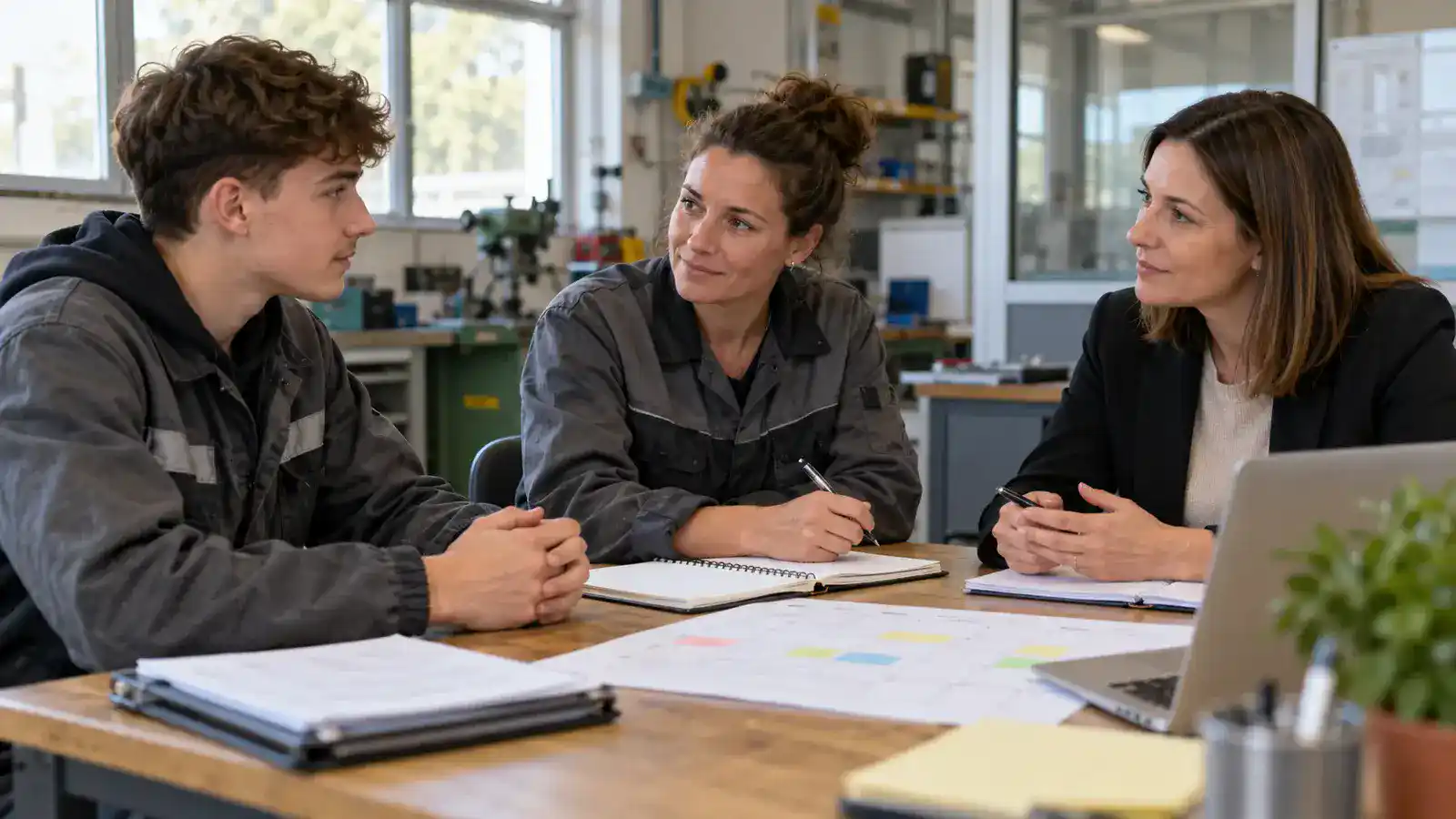 Professionnels travaillant sur repérer les signaux faibles, entendre les acteurs séparément, qualifier le risque, décider d’un soutien et suivre les engagements dans un environnement lumineux et accessible