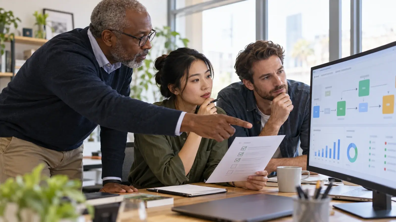 Professionnels travaillant sur choisir une tâche stable, définir entrées et sorties, limiter les données, traiter les exceptions, attribuer la validation et surveiller les résultats dans un environnement lumineux et accessible