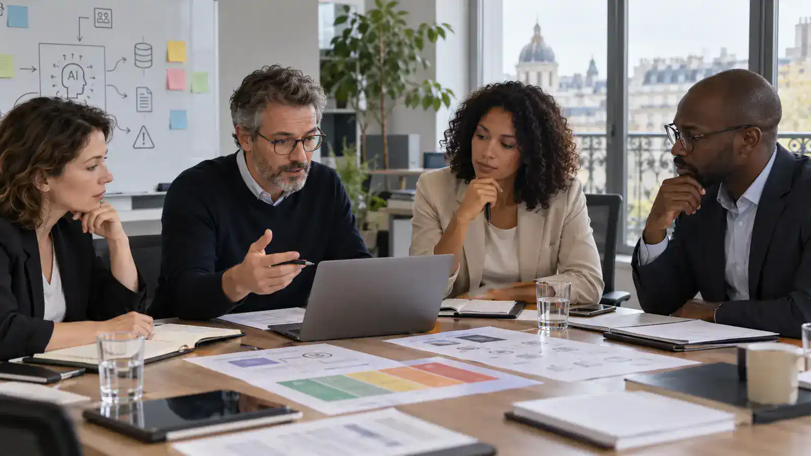 Professionnels travaillant sur inventorier les systèmes, qualifier les rôles et risques, définir les règles, former les utilisateurs, documenter les contrôles et suivre les évolutions dans un environnement lumineux et accessible