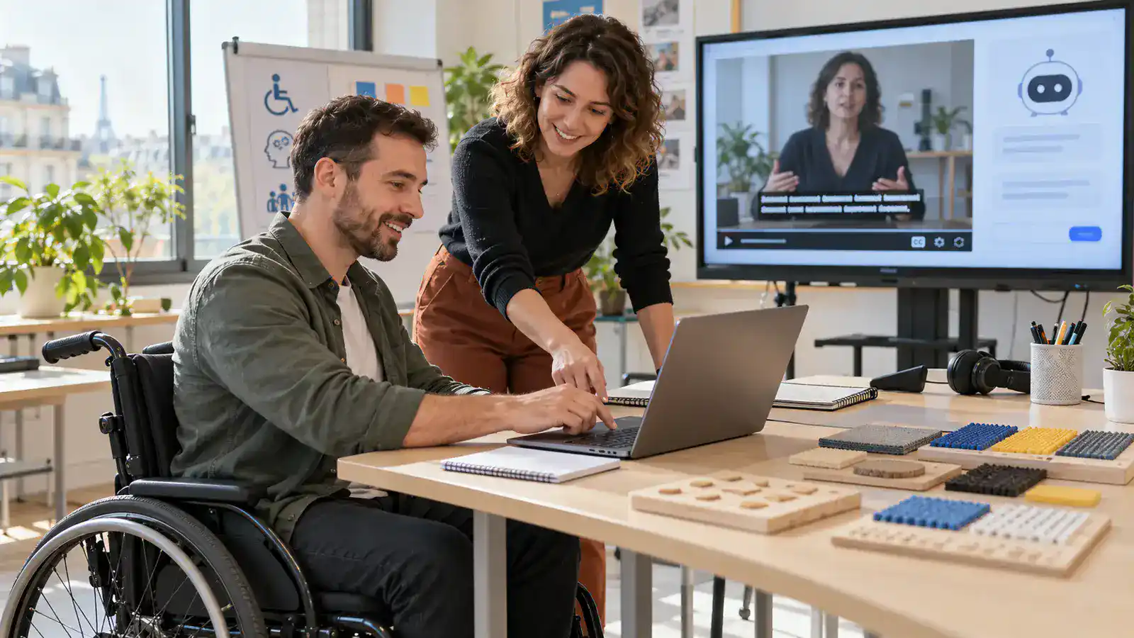 Professionnels travaillant sur relier chaque innovation à une compétence, un besoin d’accessibilité, un risque, un contrôle humain et une mesure d’utilité dans un environnement lumineux et accessible