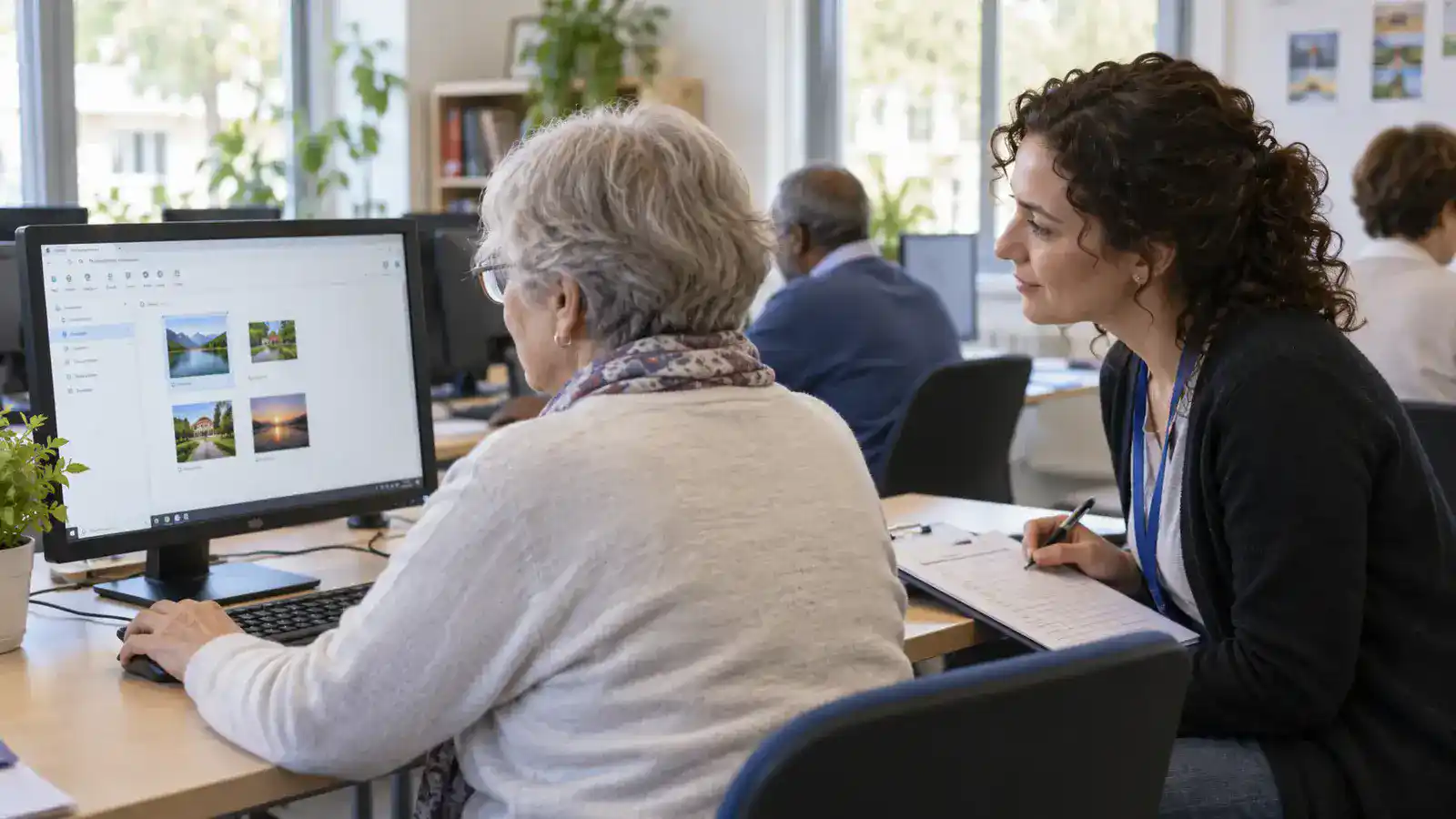 Professionnels travaillant sur mesurer les acquis utiles, besoins d’accessibilité, prérequis et objectifs afin d’adapter le parcours sans sélectionner arbitrairement dans un environnement lumineux et accessible