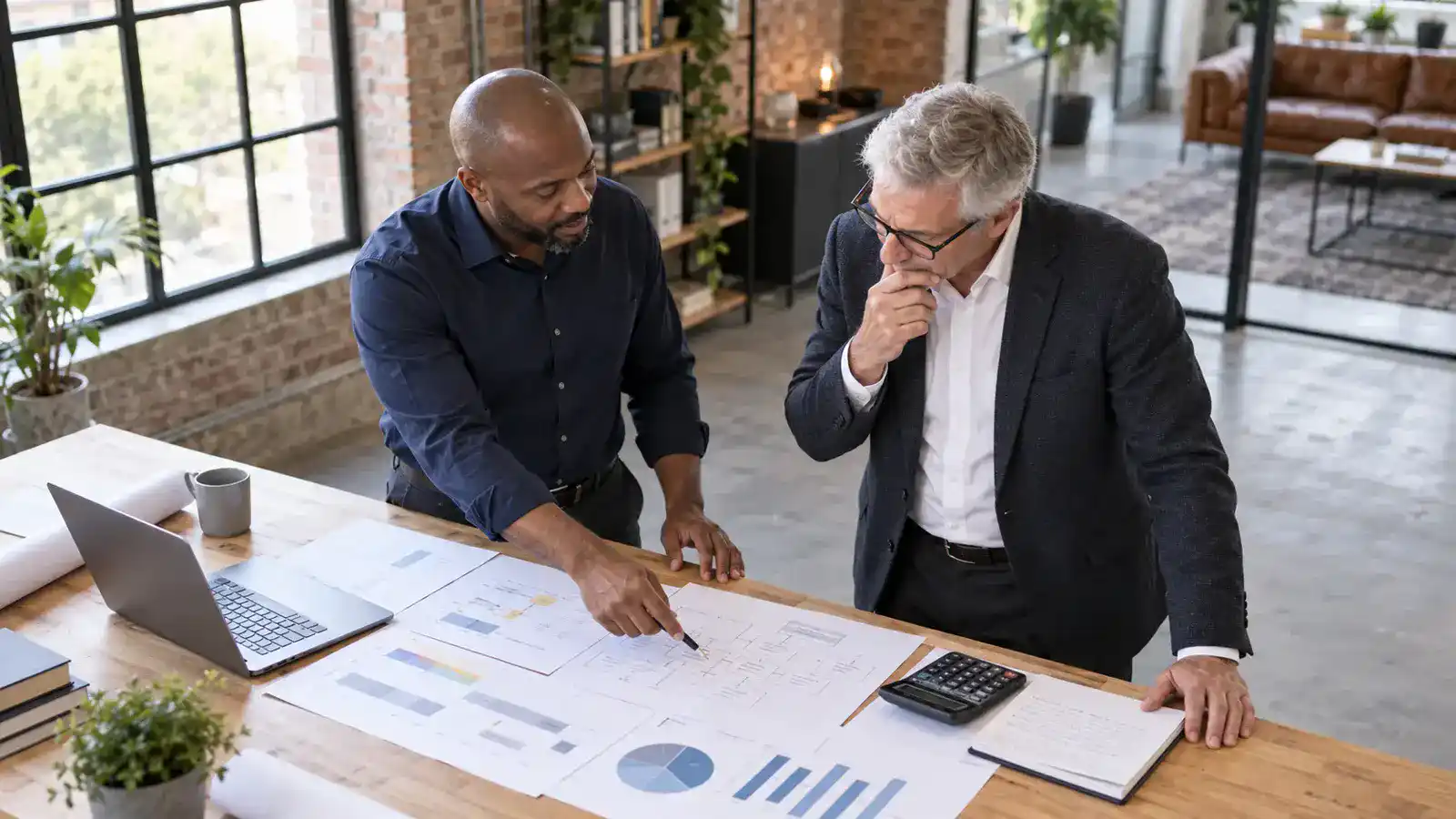 Professionnels travaillant sur relier le besoin, les résultats attendus, le dispositif, les ressources, le prix, les hypothèses et les conditions de révision dans un environnement lumineux et accessible