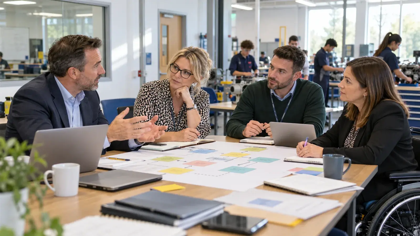 Professionnels travaillant sur articuler gouvernance, pédagogie, entreprises, handicap, mobilité, qualité, données, finances, ressources et amélioration continue dans un environnement lumineux et accessible