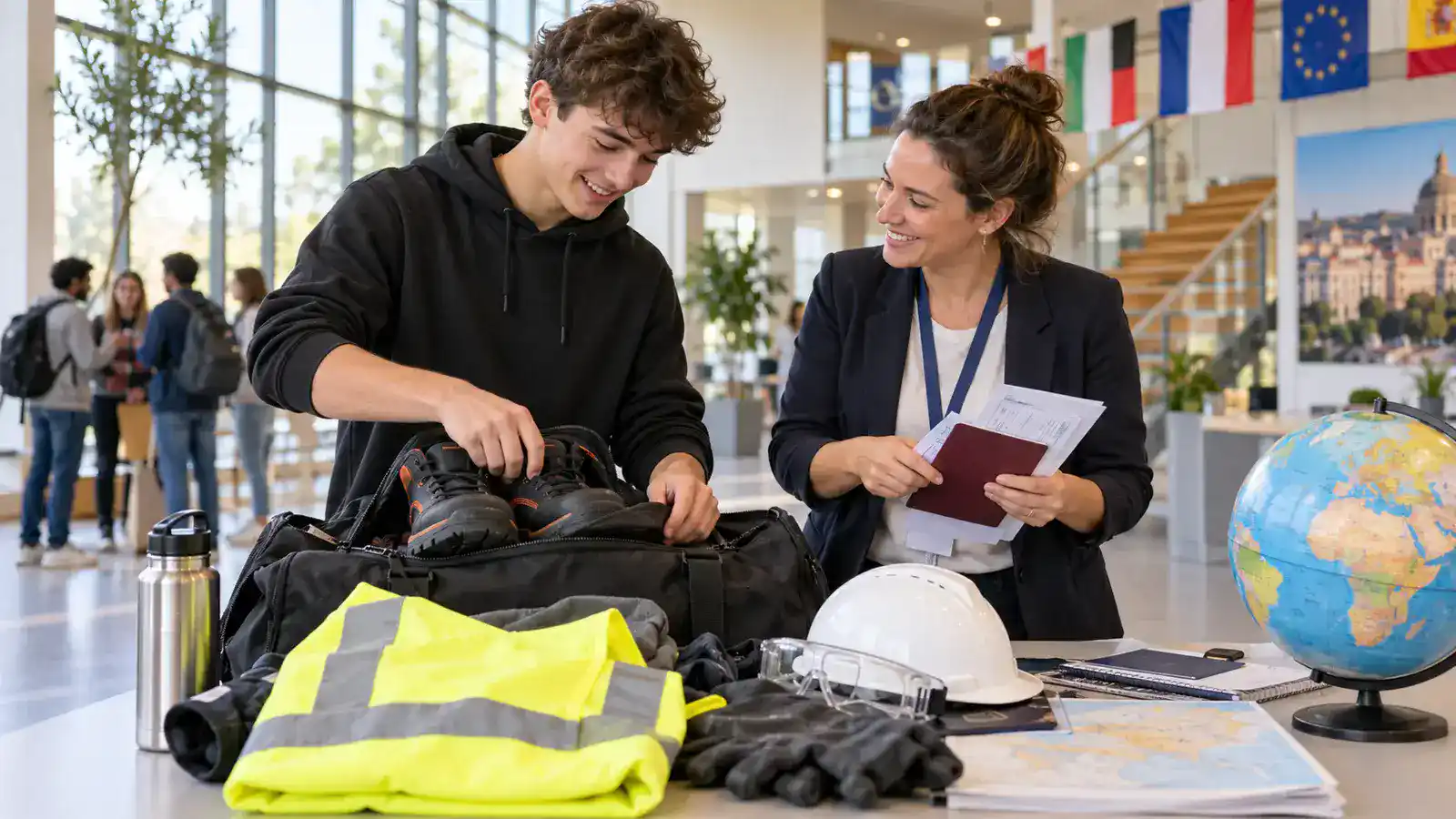 Professionnels travaillant sur clarifier les objectifs, partenaires, responsabilités, assurances, hébergement, suivi pédagogique, sécurité et reconnaissance des acquis dans un environnement lumineux et accessible