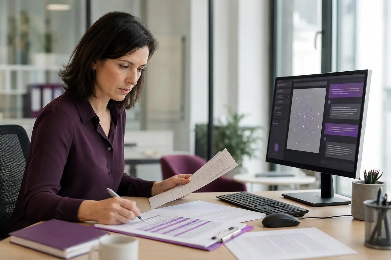 Responsable qualité contrôlant une synthèse produite avec une IA