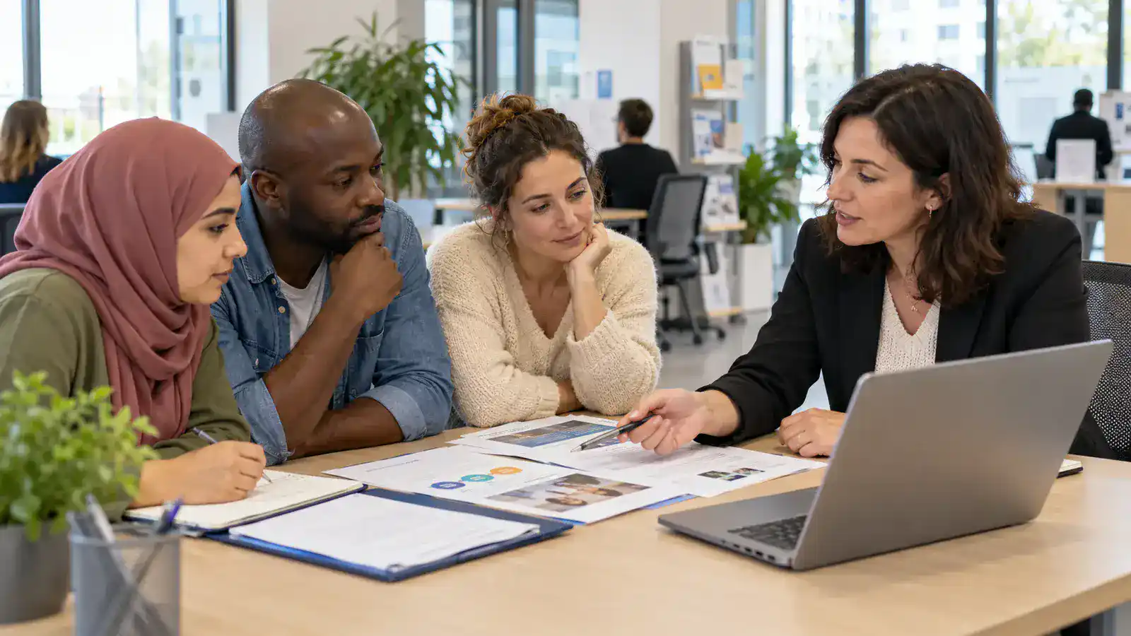Professionnels travaillant sur vérifier la certification, le circuit, les conditions du demandeur d’emploi, les financements mobilisables et les démarches auprès de France Travail dans un environnement lumineux et accessible